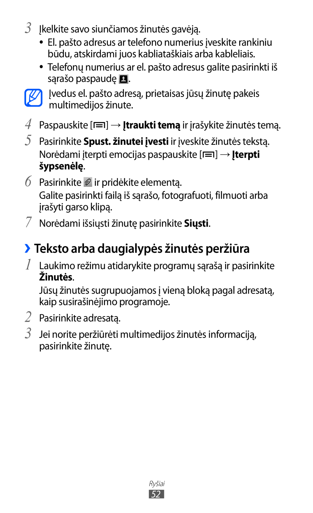 Samsung GT-I8530BAASEB manual ››Teksto arba daugialypės žinutės peržiūra, Įkelkite savo siunčiamos žinutės gavėją 