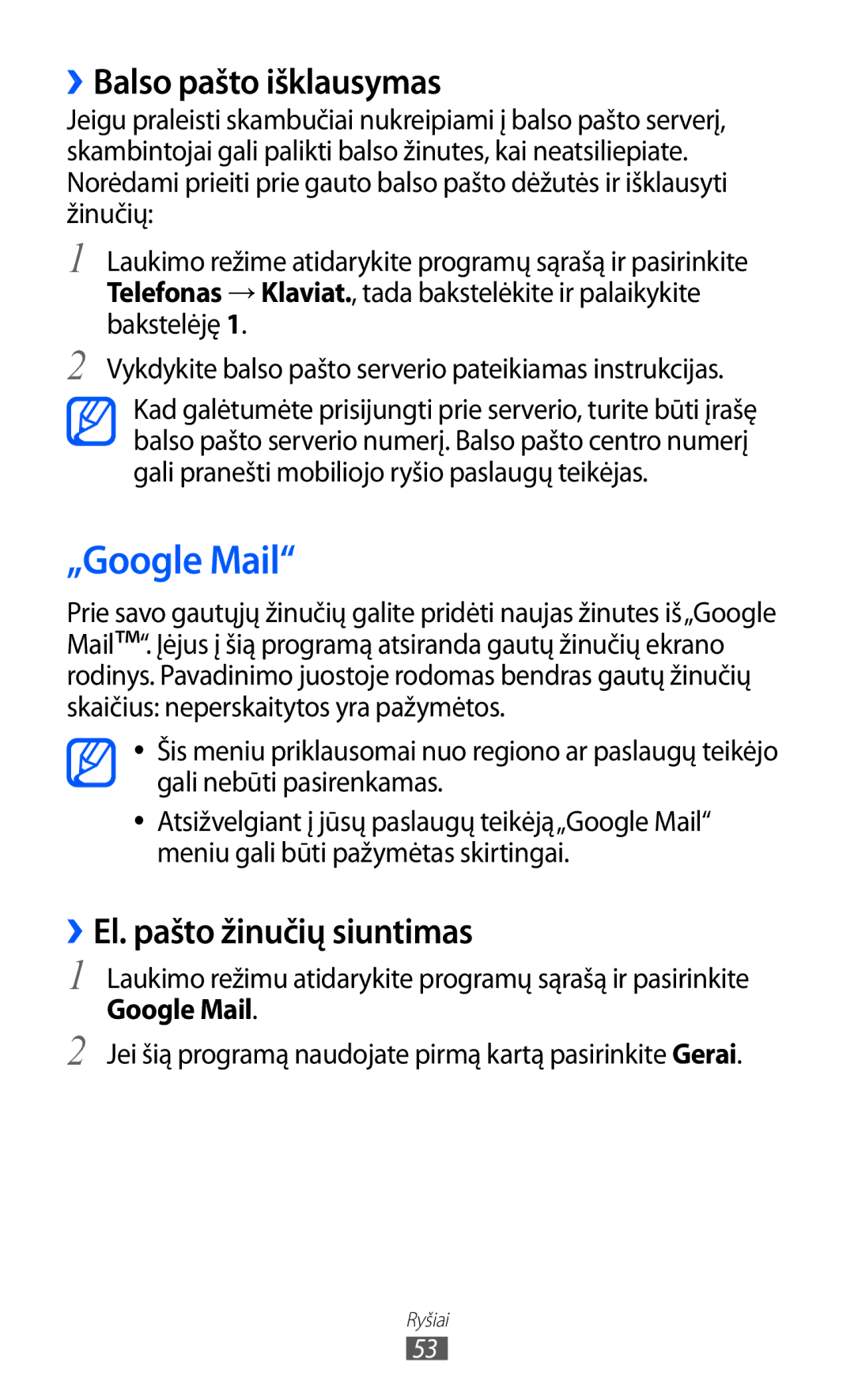 Samsung GT-I8530BAASEB manual „Google Mail, ››Balso pašto išklausymas, ››El. pašto žinučių siuntimas 