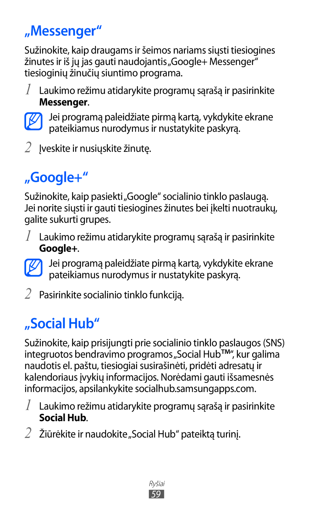 Samsung GT-I8530BAASEB manual „Messenger, „Google+, „Social Hub, Įveskite ir nusiųskite žinutę 