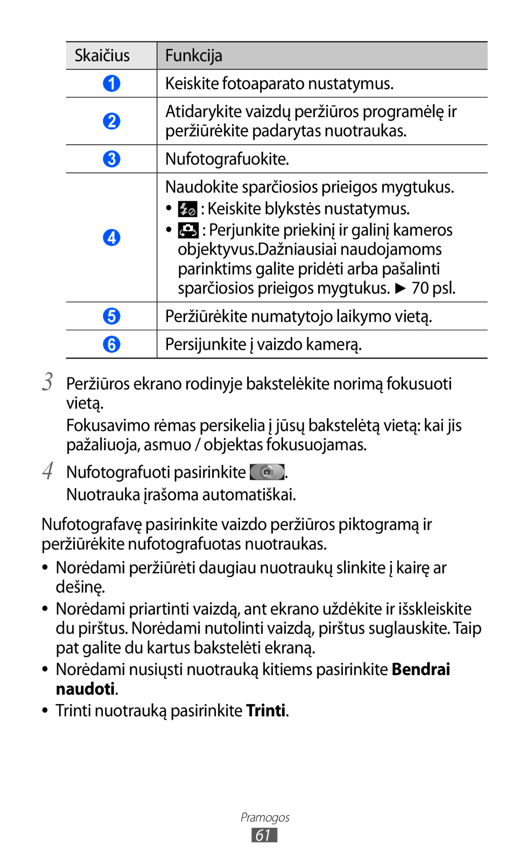 Samsung GT-I8530BAASEB manual Skaičius Funkcija Keiskite fotoaparato nustatymus, Nufotografuokite 