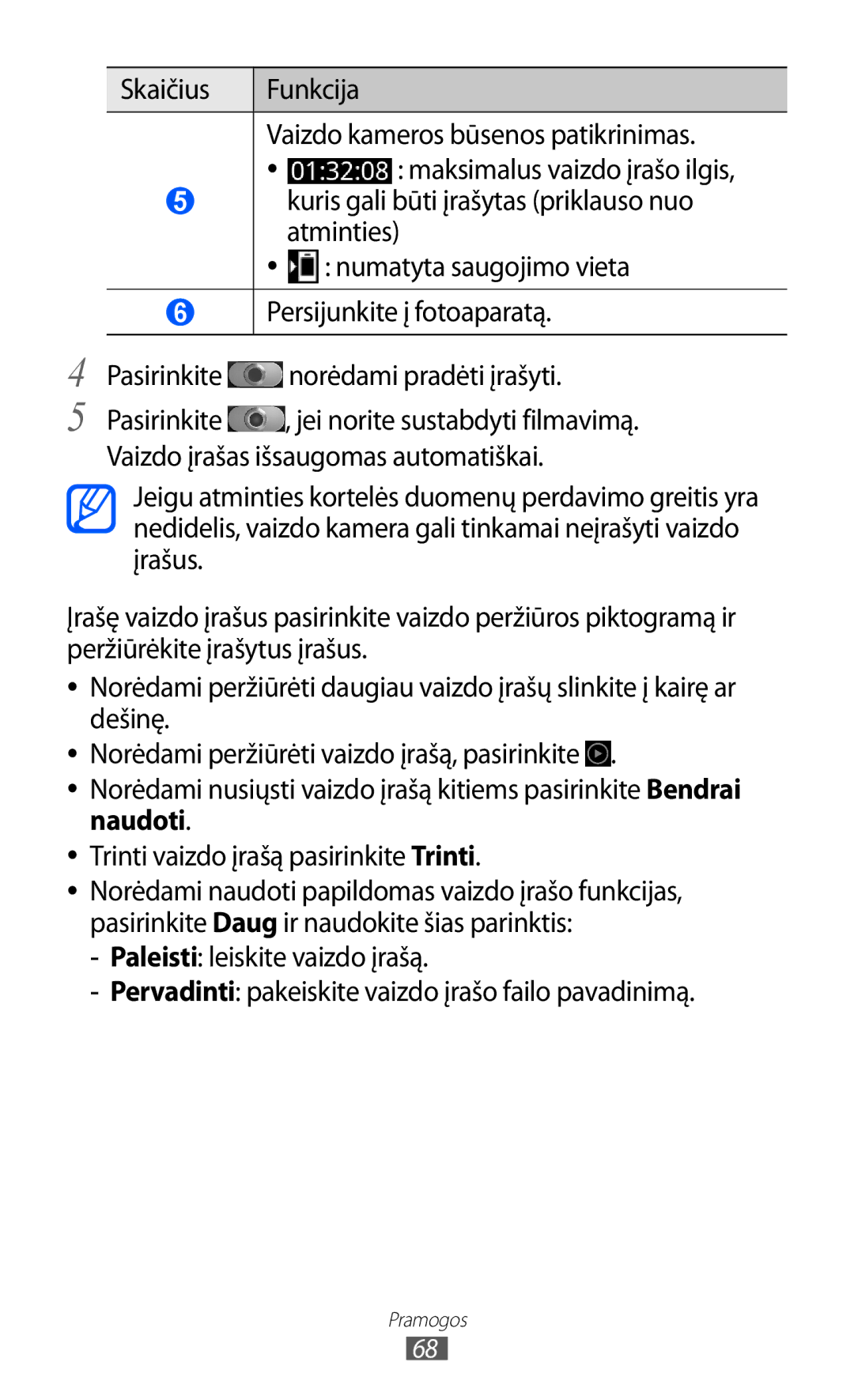 Samsung GT-I8530BAASEB manual Skaičius Funkcija Vaizdo kameros būsenos patikrinimas 