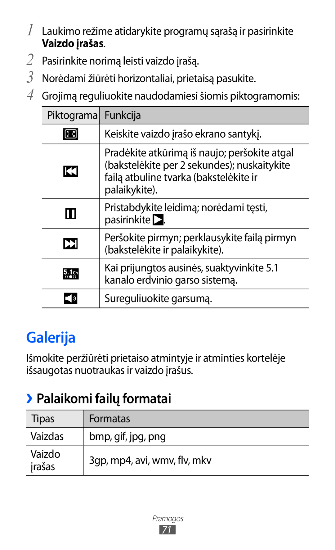 Samsung GT-I8530BAASEB manual Galerija, ››Palaikomi failų formatai, Vaizdo įrašas, Sureguliuokite garsumą 