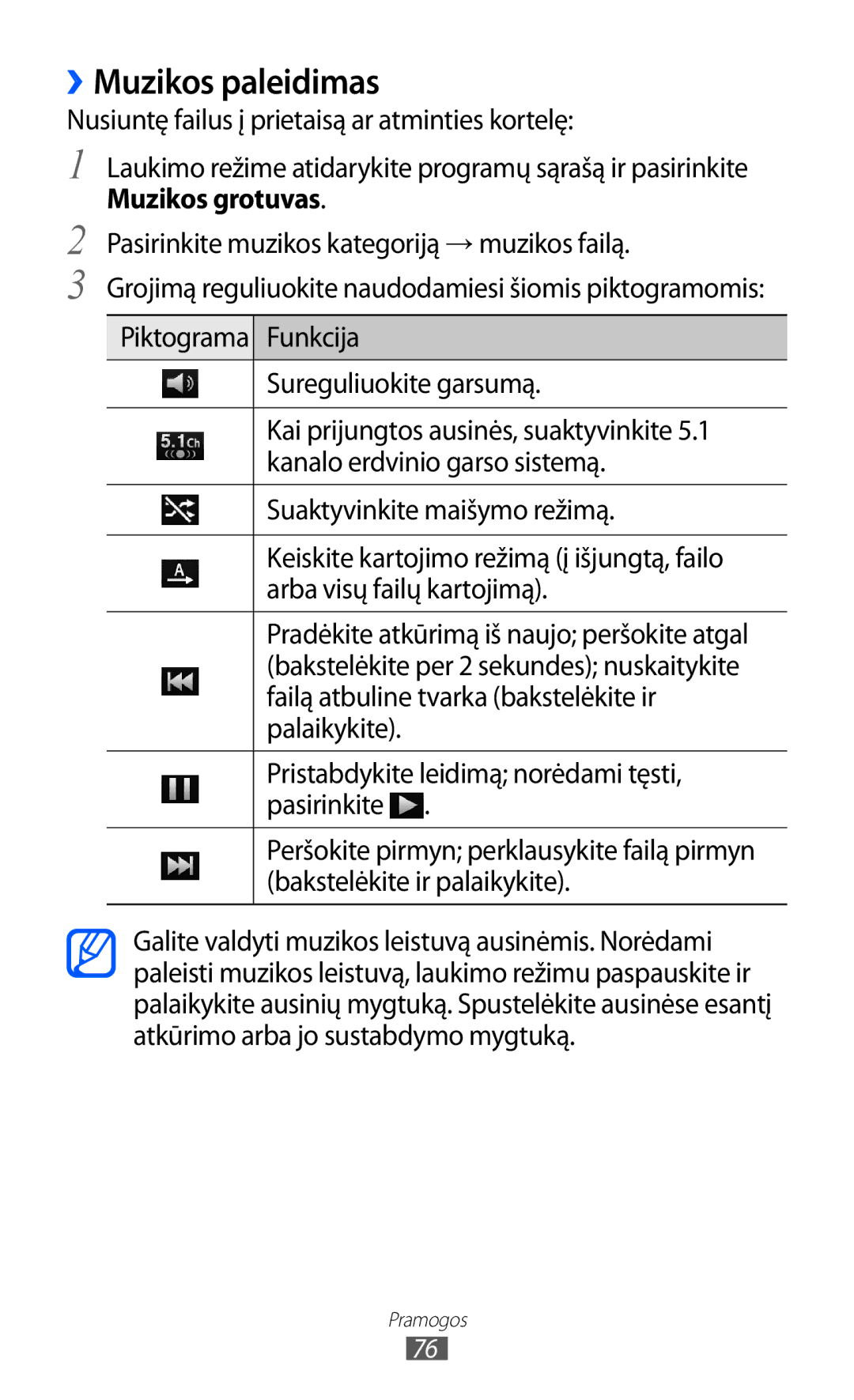 Samsung GT-I8530BAASEB manual ››Muzikos paleidimas, Muzikos grotuvas 