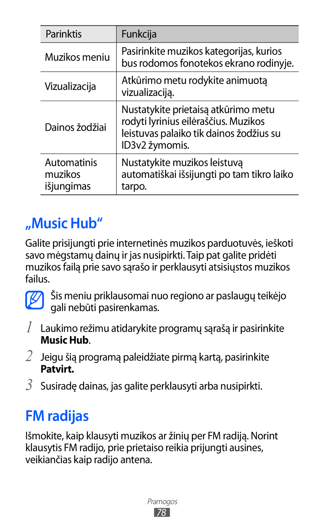 Samsung GT-I8530BAASEB manual „Music Hub, FM radijas, Patvirt 