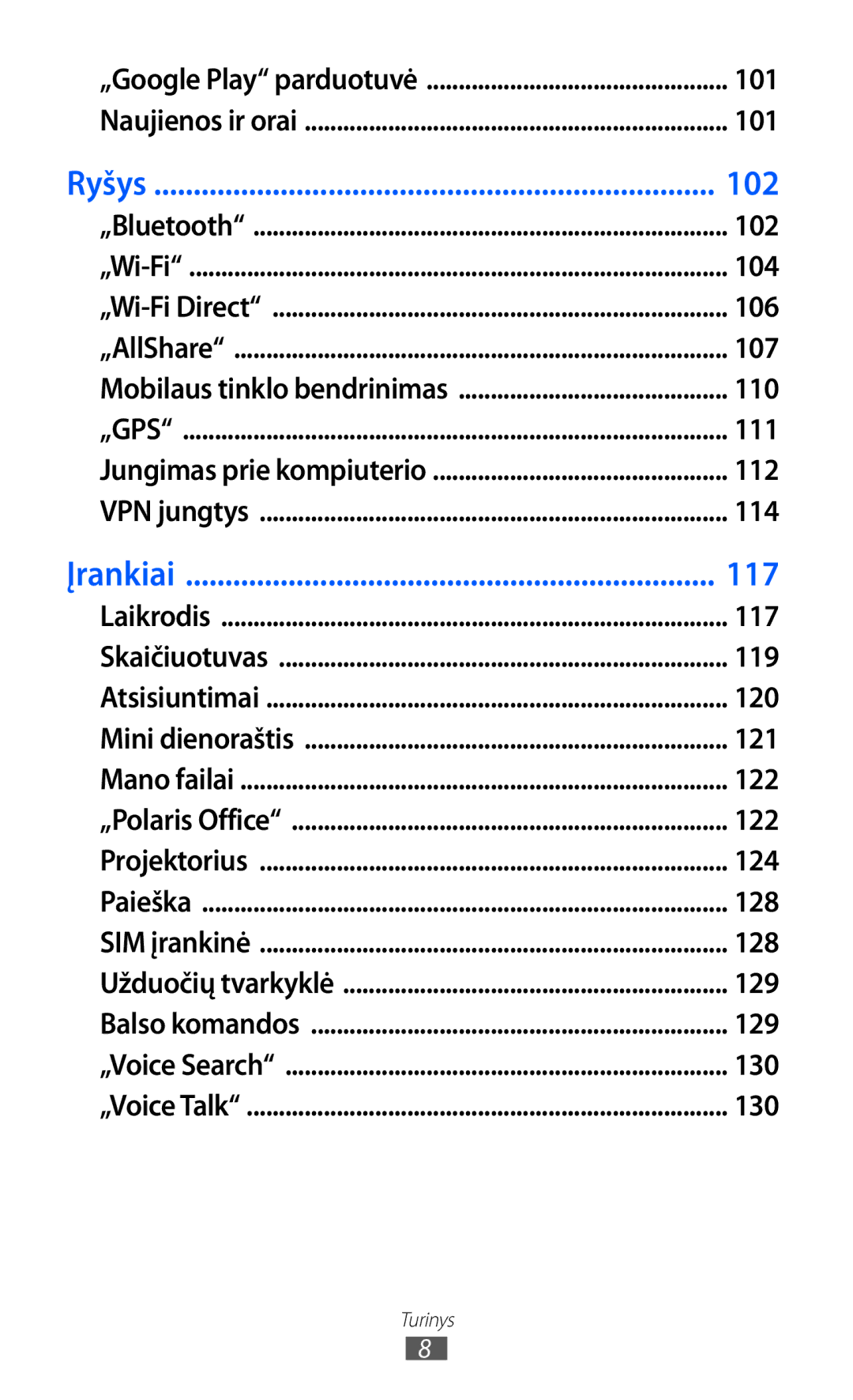 Samsung GT-I8530BAASEB manual 101, 102, 104, 106, 107, 110, 111, 112, 114, 117, 119, 120, 121, 122, 124, 128, 129, 130 