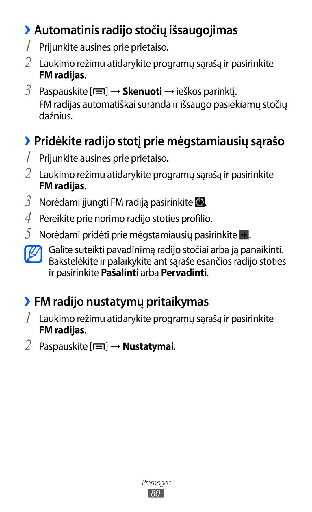 Samsung GT-I8530BAASEB manual ››Automatinis radijo stočių išsaugojimas, ››FM radijo nustatymų pritaikymas, FM radijas 