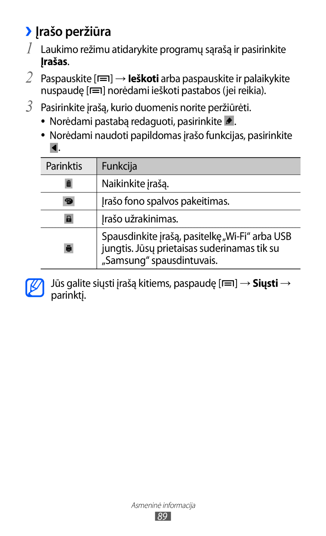 Samsung GT-I8530BAASEB manual ››Įrašo peržiūra, Įrašas, „Samsung spausdintuvais 