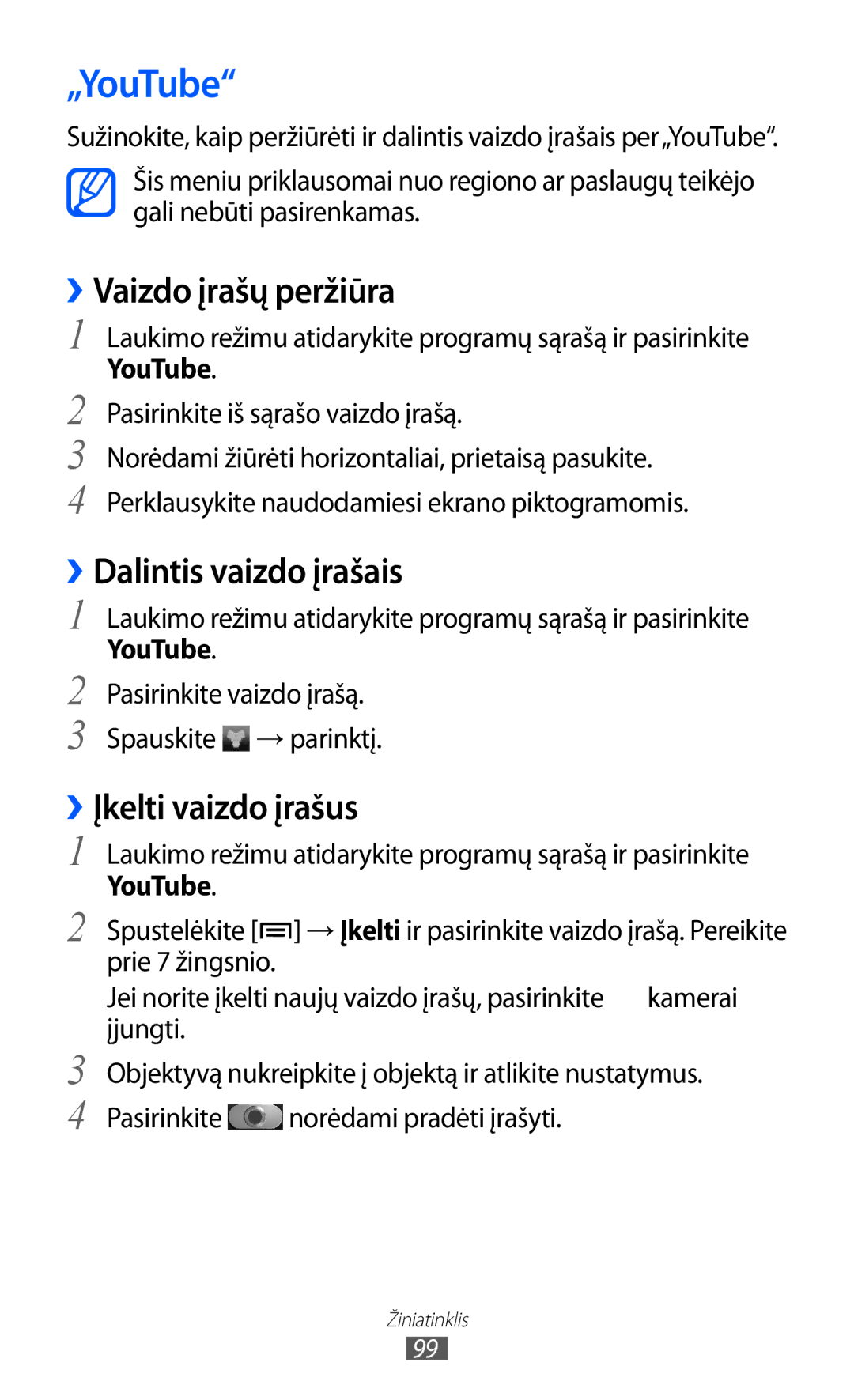 Samsung GT-I8530BAASEB manual „YouTube, ››Vaizdo įrašų peržiūra, ››Dalintis vaizdo įrašais, ››Įkelti vaizdo įrašus 
