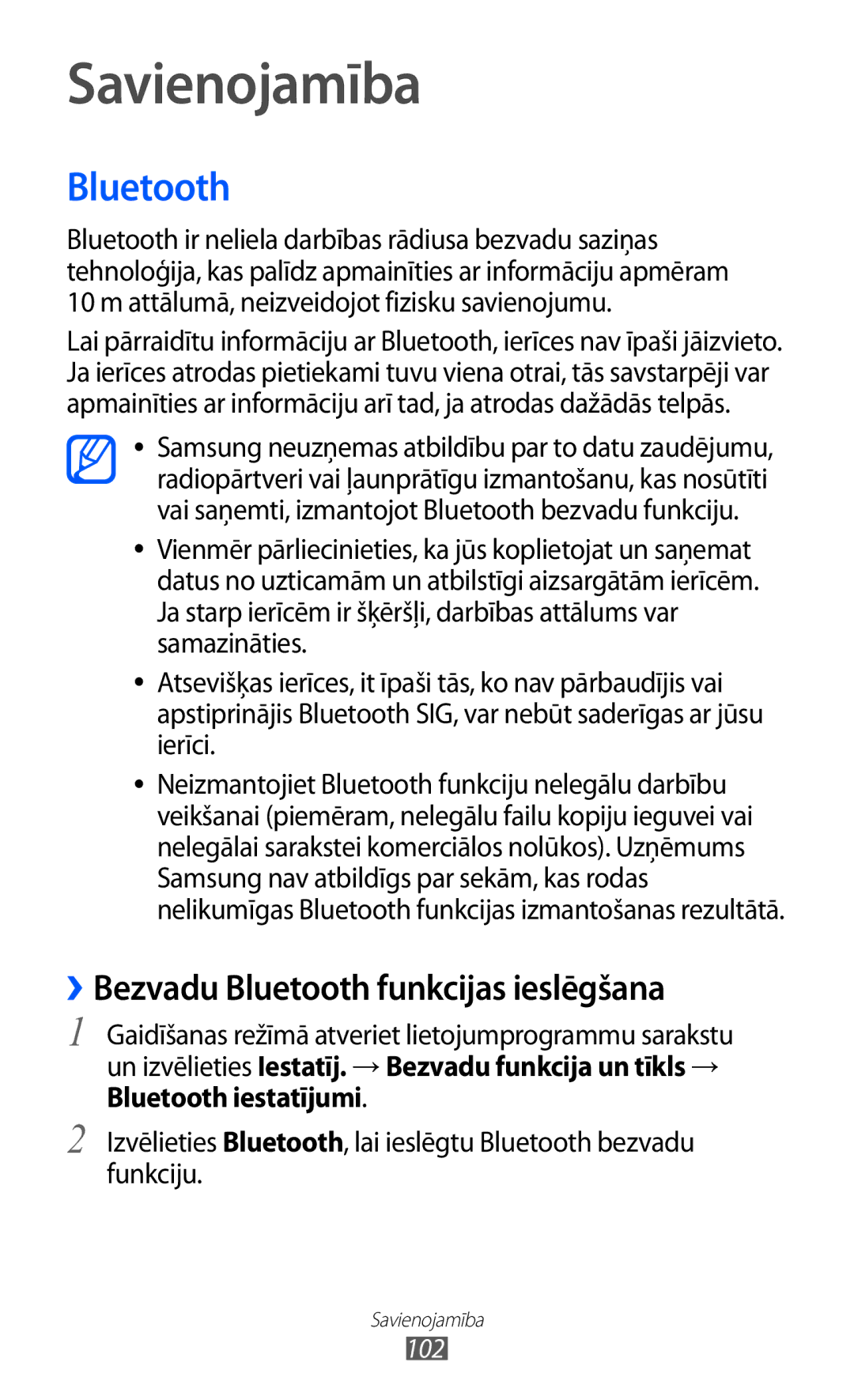 Samsung GT-I8530BAASEB manual Savienojamība, ››Bezvadu Bluetooth funkcijas ieslēgšana, 102 