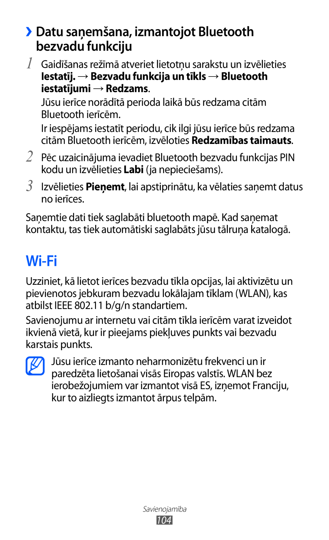 Samsung GT-I8530BAASEB manual Wi-Fi, ››Datu saņemšana, izmantojot Bluetooth bezvadu funkciju, 104 