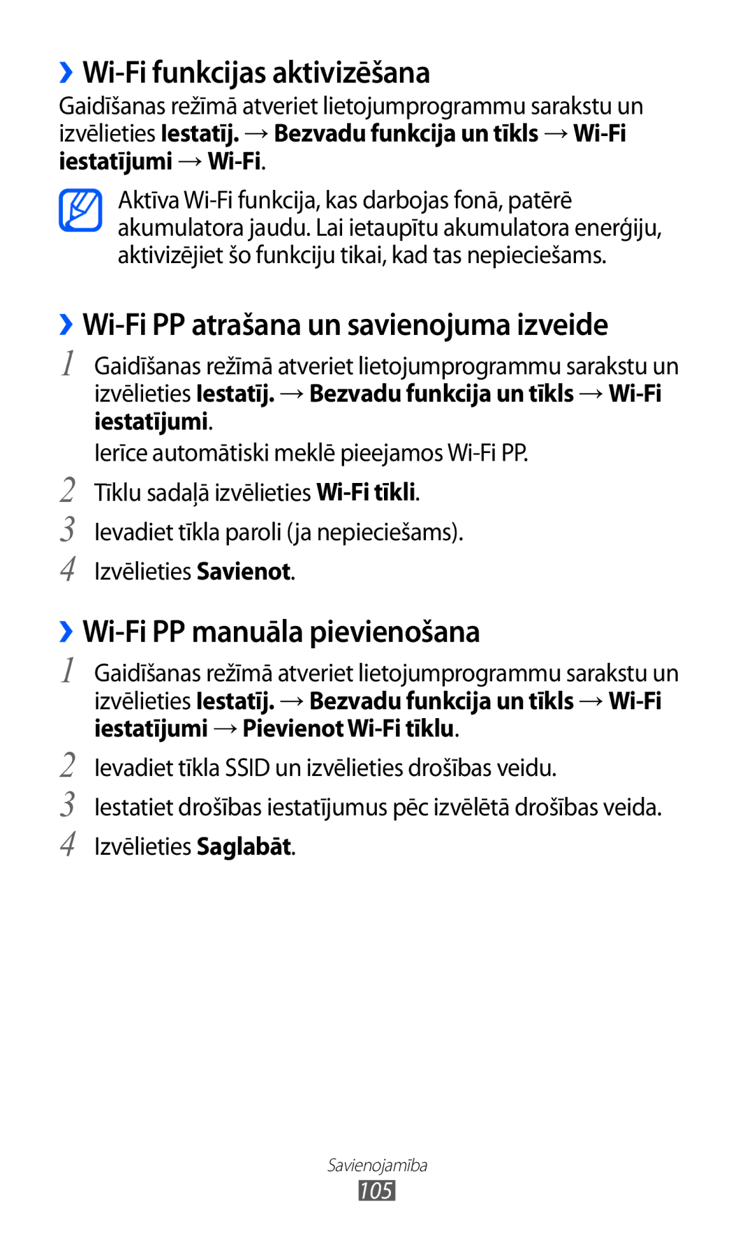 Samsung GT-I8530BAASEB manual ››Wi-Fi funkcijas aktivizēšana, ››Wi-Fi PP atrašana un savienojuma izveide, 105 