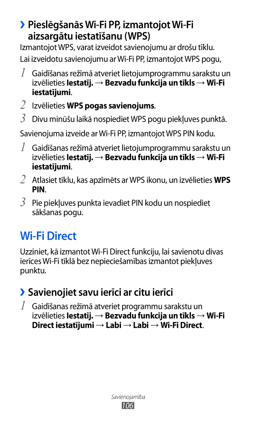 Samsung GT-I8530BAASEB manual Wi-Fi Direct, ››Savienojiet savu ierīci ar citu ierīci, 106 