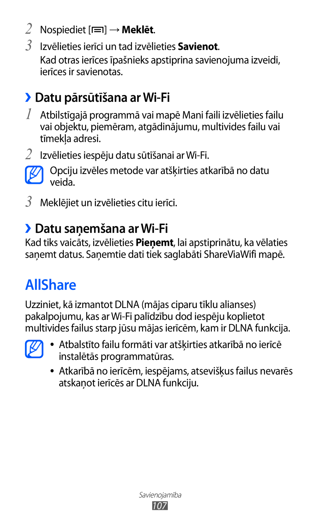 Samsung GT-I8530BAASEB manual AllShare, ››Datu pārsūtīšana ar Wi-Fi, ››Datu saņemšana ar Wi-Fi, 107 