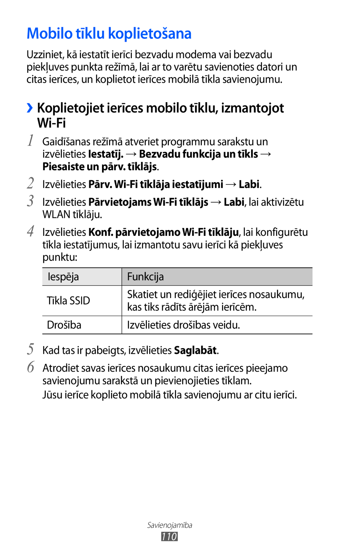 Samsung GT-I8530BAASEB manual Mobilo tīklu koplietošana, ››Koplietojiet ierīces mobilo tīklu, izmantojot Wi-Fi, 110 