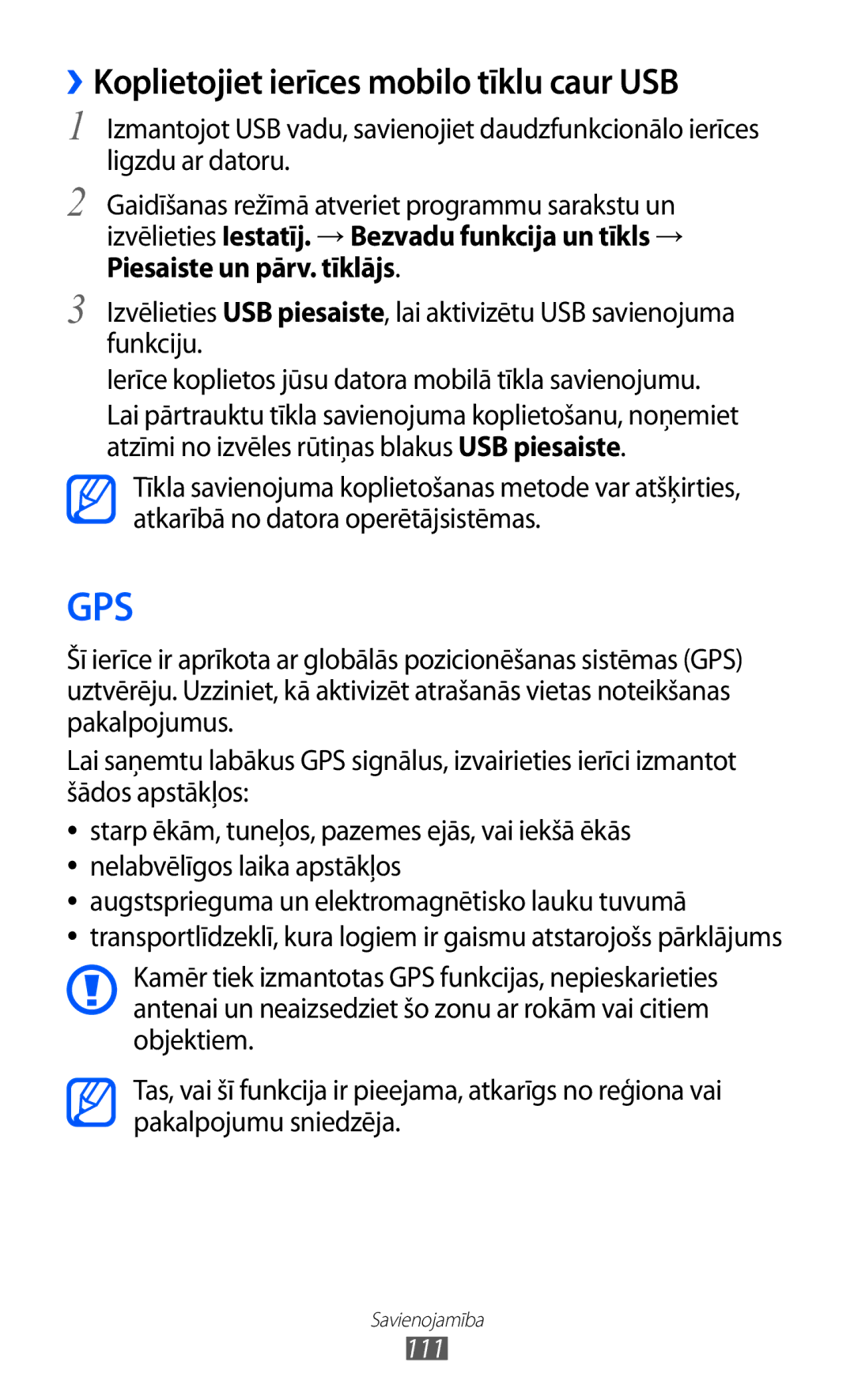 Samsung GT-I8530BAASEB manual ››Koplietojiet ierīces mobilo tīklu caur USB, 111 