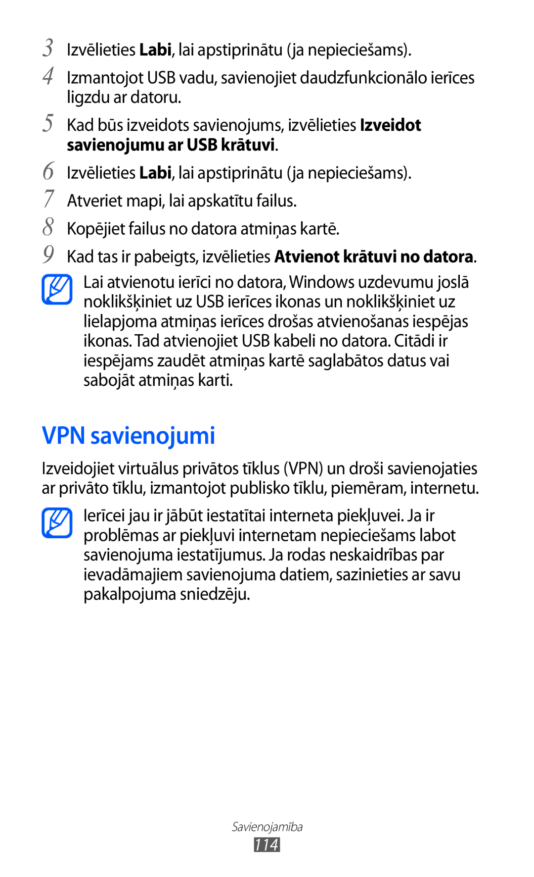 Samsung GT-I8530BAASEB manual VPN savienojumi, Savienojumu ar USB krātuvi, Kopējiet failus no datora atmiņas kartē, 114 