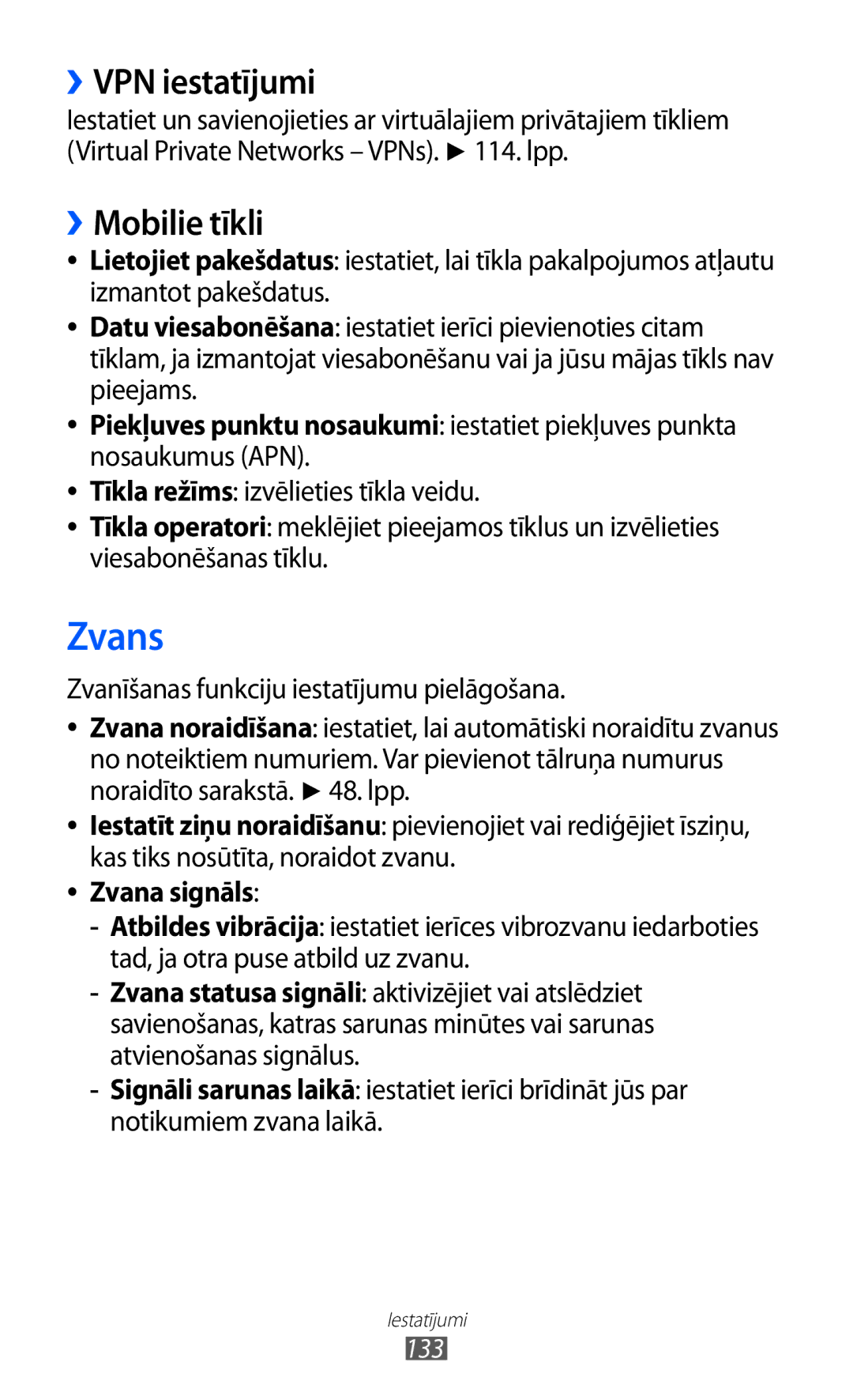 Samsung GT-I8530BAASEB manual Zvans, ››VPN iestatījumi, ››Mobilie tīkli, 133 