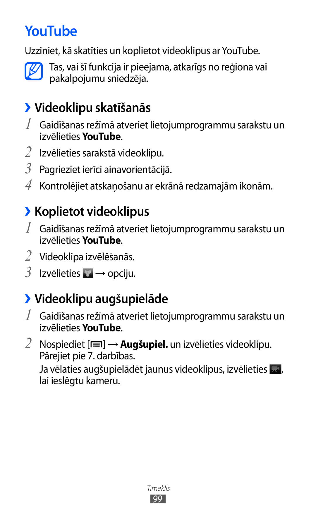 Samsung GT-I8530BAASEB manual YouTube, ››Videoklipu skatīšanās, ››Koplietot videoklipus, ››Videoklipu augšupielāde 