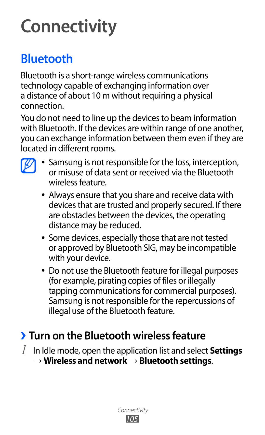 Samsung GT-I8530RWAVDC, GT-I8530BAATUR, GT-I8530RWAVD2 manual Connectivity, ››Turn on the Bluetooth wireless feature 