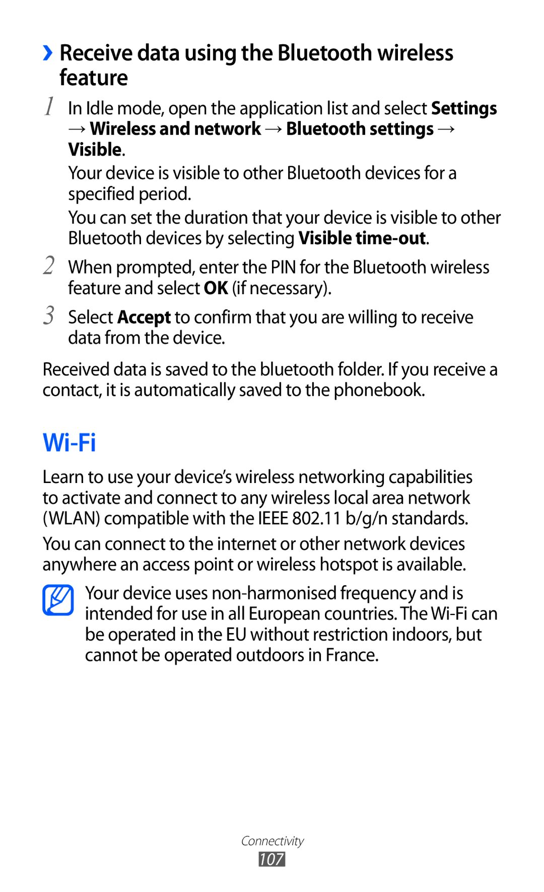 Samsung GT-I8530BAAXEZ, GT-I8530BAATUR, GT-I8530RWAVD2 manual Wi-Fi, ››Receive data using the Bluetooth wireless feature 