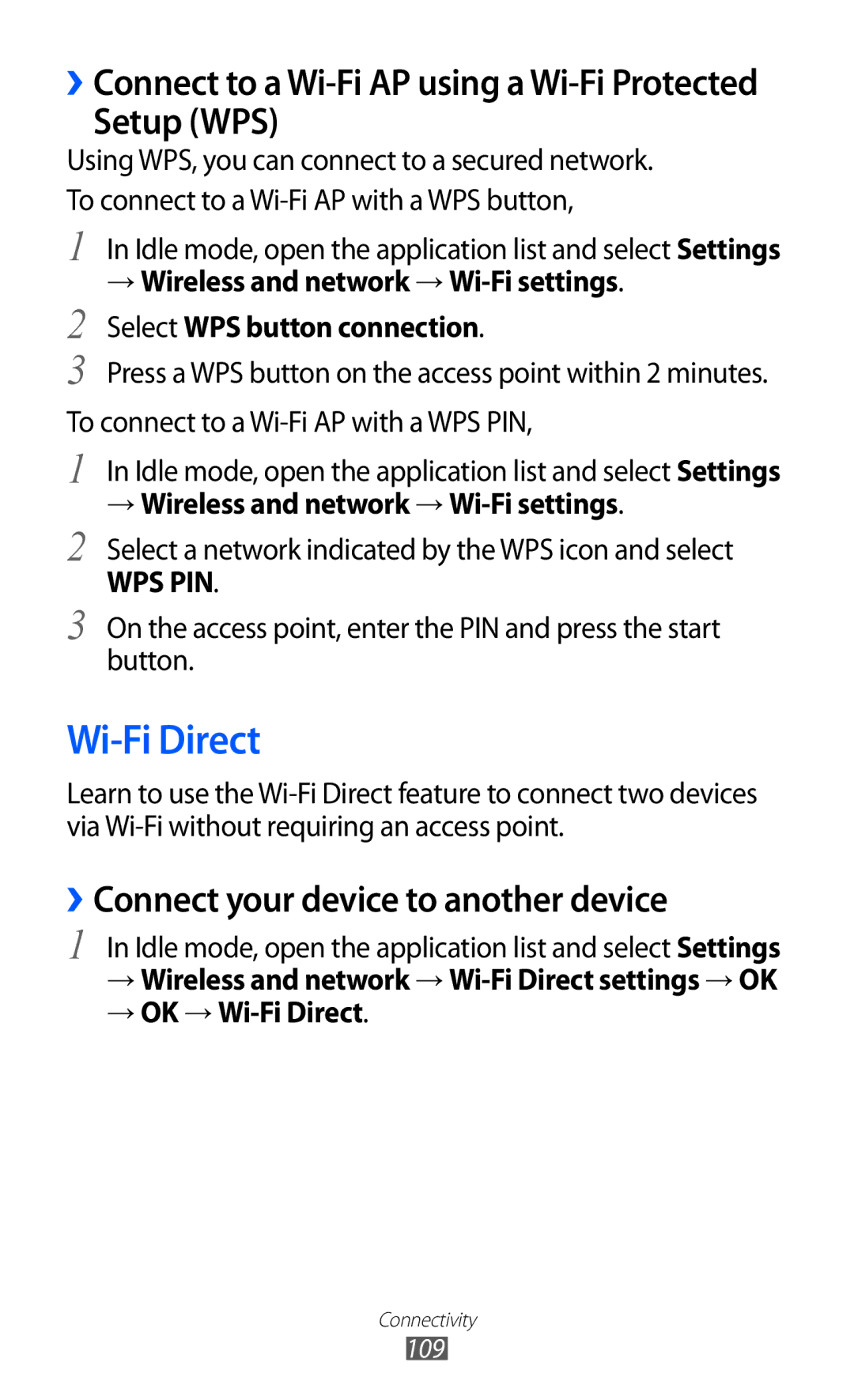 Samsung GT-I8530BAASEB, GT-I8530BAATUR manual Setup WPS, ››Connect your device to another device, → OK → Wi-Fi Direct 