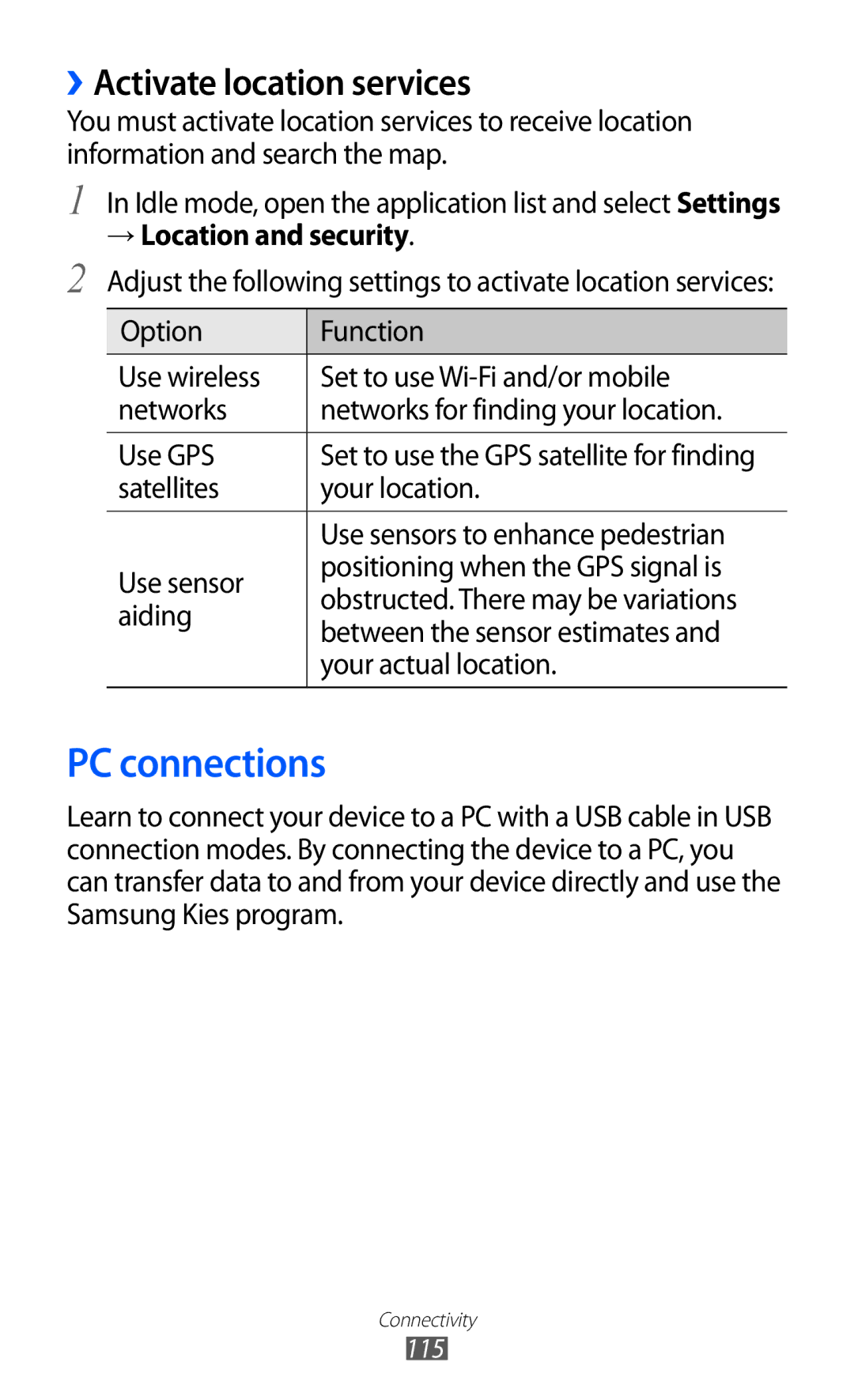 Samsung GT-I8530RWADBT, GT-I8530BAATUR manual PC connections, ››Activate location services, → Location and security 