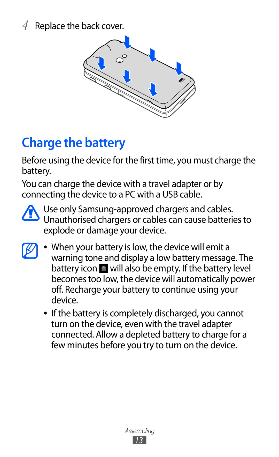 Samsung GT-I8530BAANRJ, GT-I8530BAATUR, GT-I8530RWAVD2, GT-I8530RWATUR manual Charge the battery, Replace the back cover 