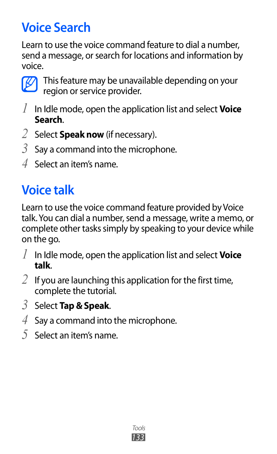 Samsung GT-I8530RWAVD2, GT-I8530BAATUR Voice Search, Voice talk, Say a command into the microphone Select an item’s name 