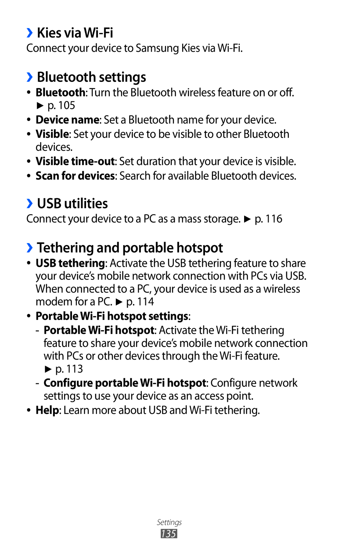 Samsung GT-I8530BAAEUR manual ››Kies via Wi-Fi, ››Bluetooth settings, ››USB utilities, ››Tethering and portable hotspot 