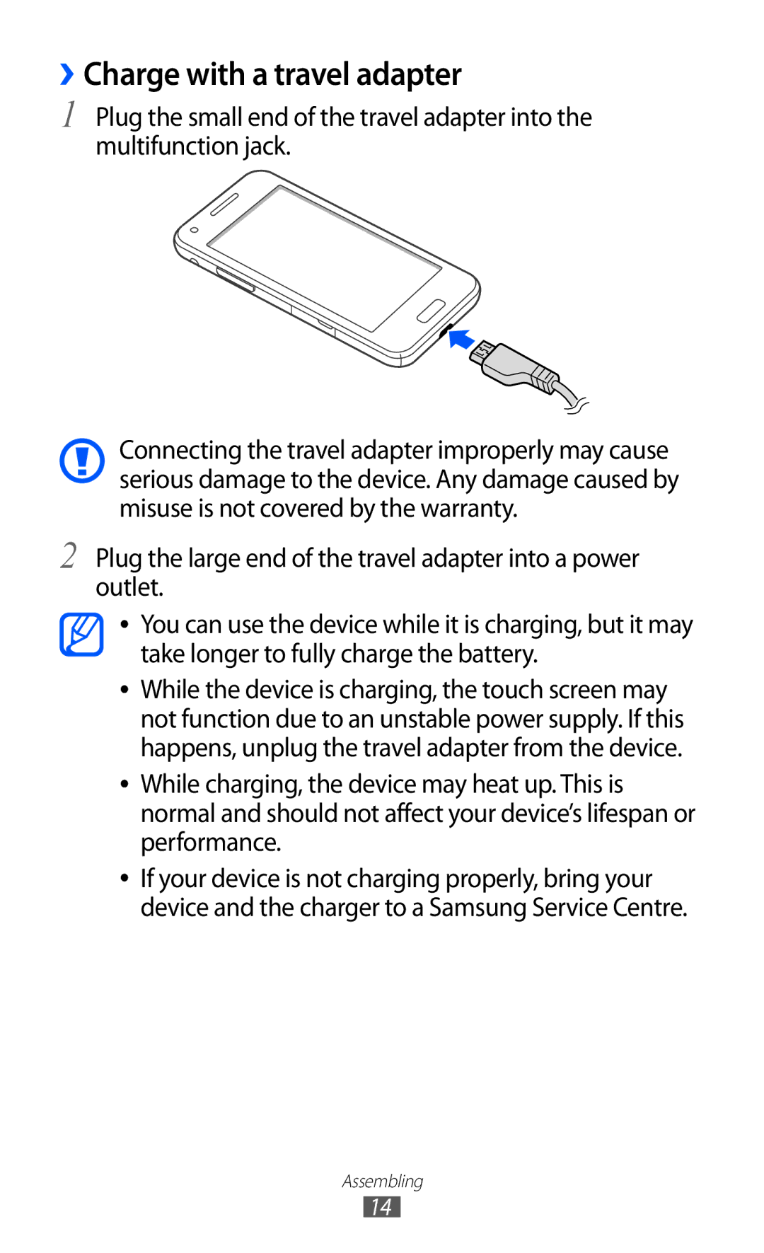 Samsung GT-I8530RWASFR, GT-I8530BAATUR, GT-I8530RWAVD2, GT-I8530RWATUR, GT-I8530BAAEUR manual ››Charge with a travel adapter 