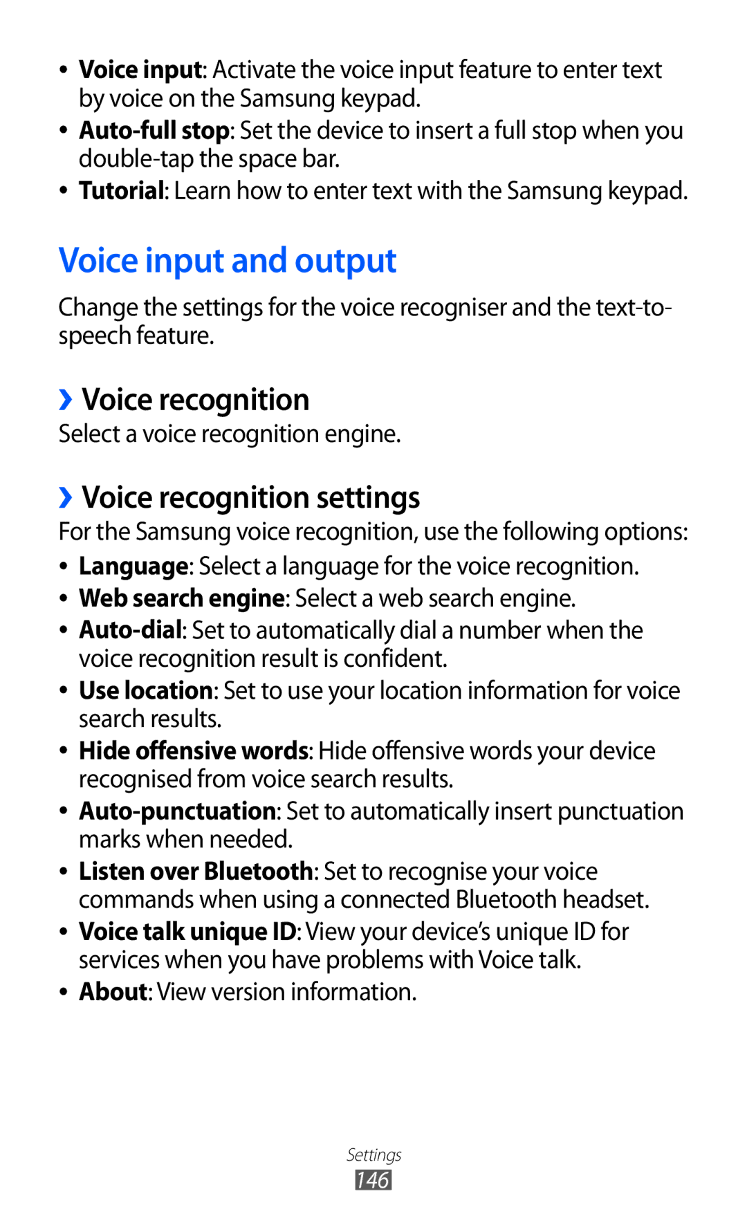 Samsung GT-I8530RWASFR manual Voice input and output, ››Voice recognition settings, Select a voice recognition engine 