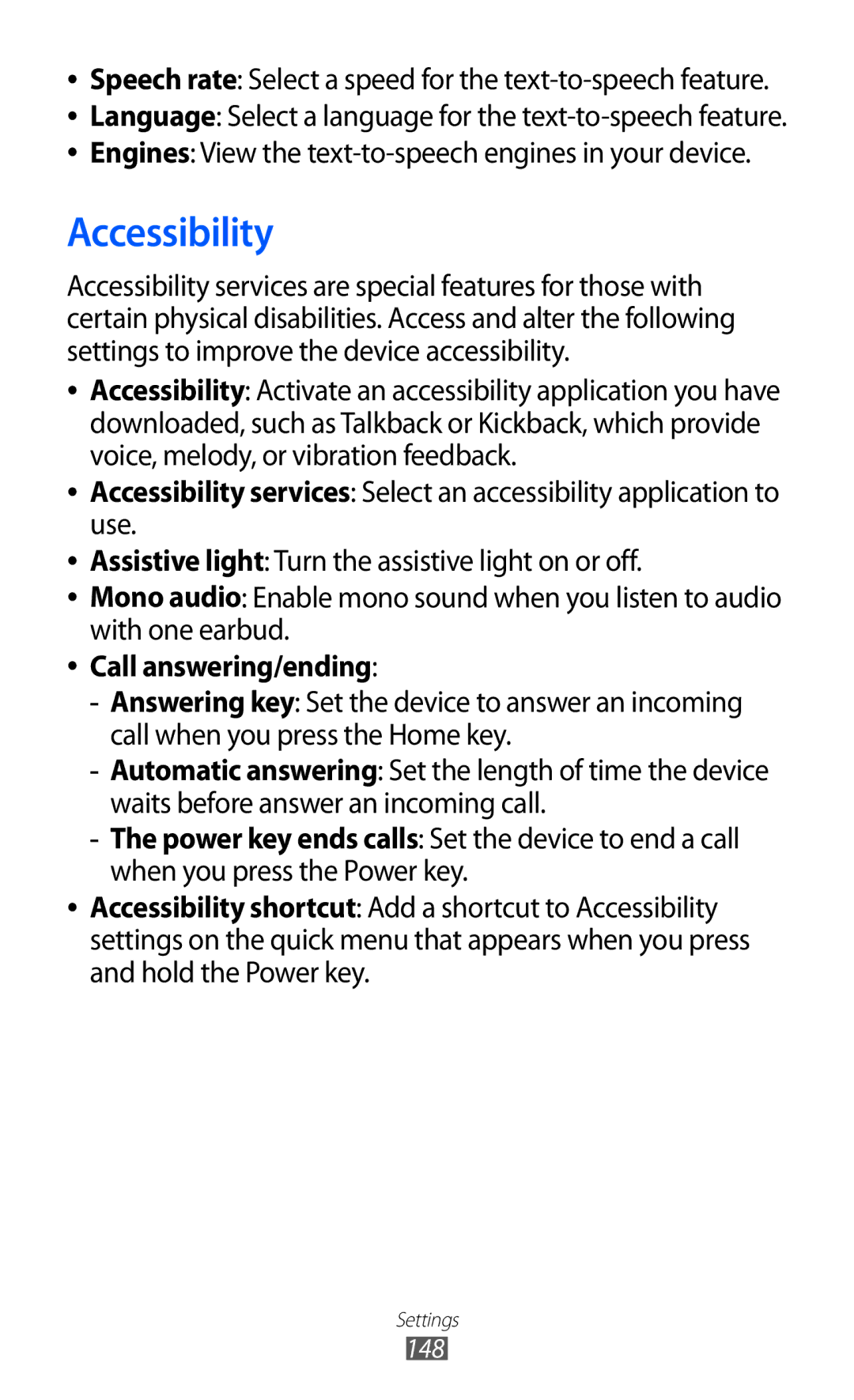 Samsung GT-I8530BAAVVT, GT-I8530BAATUR manual Accessibility, Speech rate Select a speed for the text-to-speech feature 