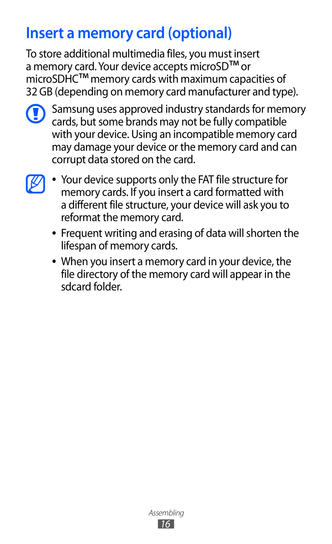 Samsung GT-I8530BAAVVT, GT-I8530BAATUR Insert a memory card optional, GB depending on memory card manufacturer and type 