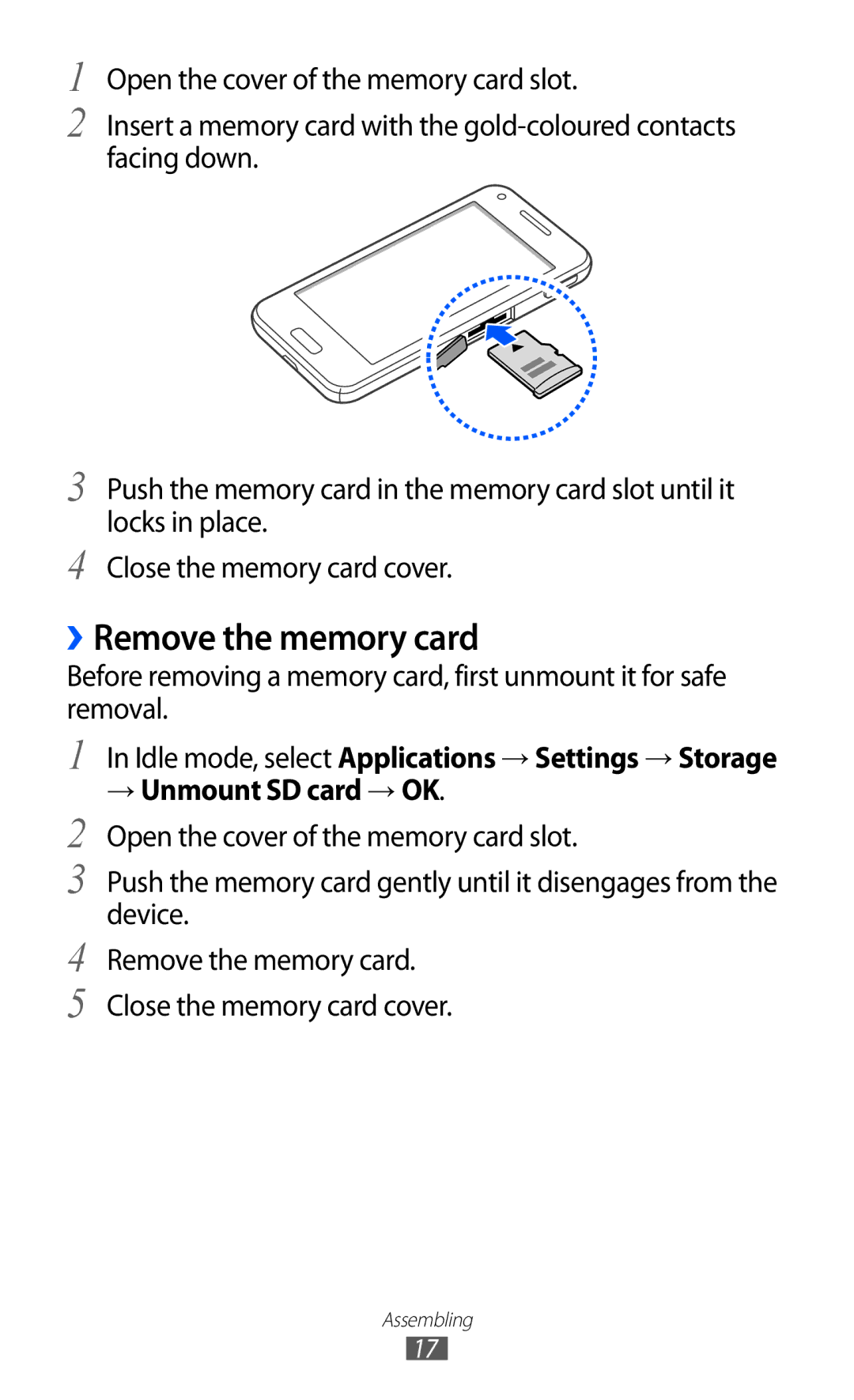 Samsung GT-I8530RWAVDC, GT-I8530BAATUR, GT-I8530RWAVD2, GT-I8530RWATUR, GT-I8530BAAEUR manual ››Remove the memory card 