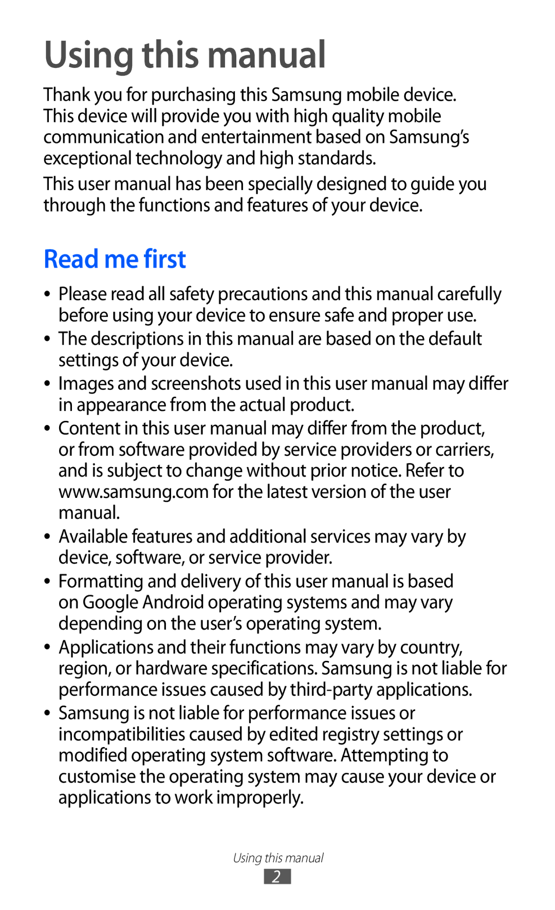 Samsung GT-I8530RWATUR, GT-I8530BAATUR, GT-I8530RWAVD2, GT-I8530BAAEUR, GT-I8530BAAATO Using this manual, Read me first 