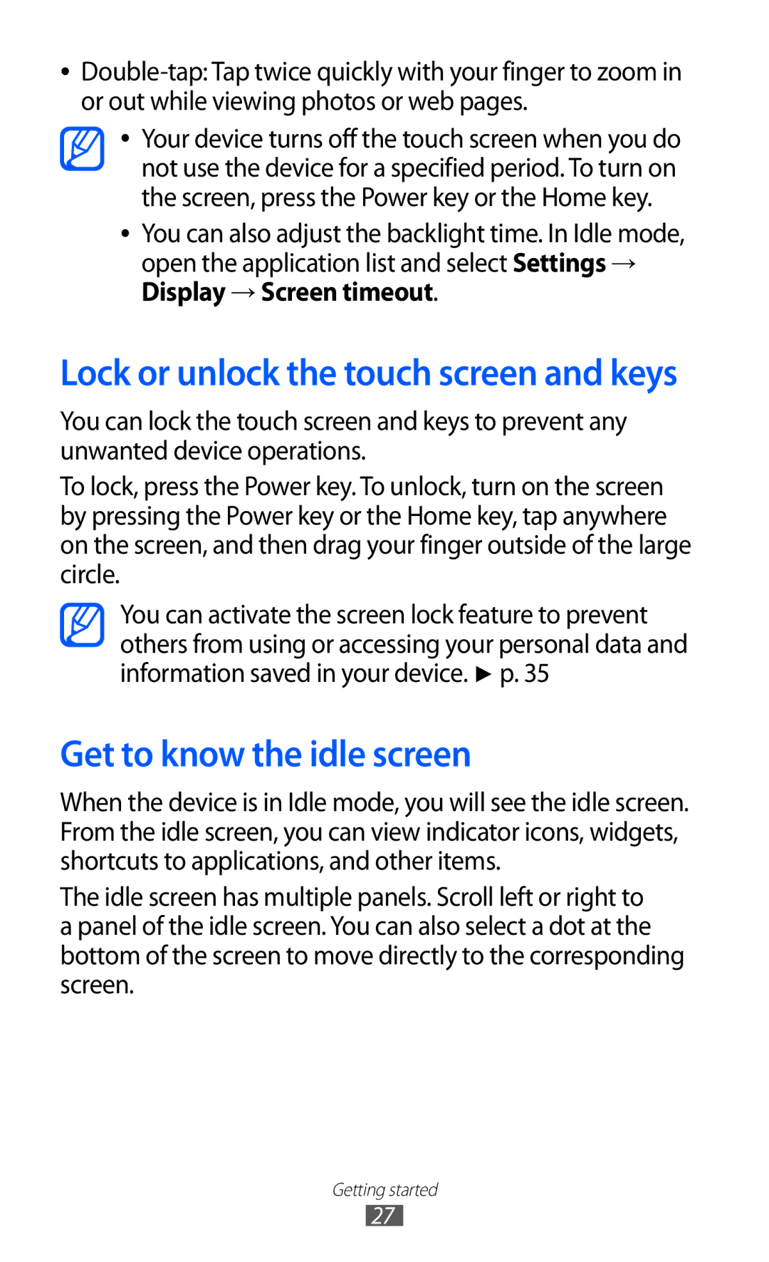 Samsung GT-I8530RWADBT, GT-I8530BAATUR manual Get to know the idle screen, Lock or unlock the touch screen and keys 