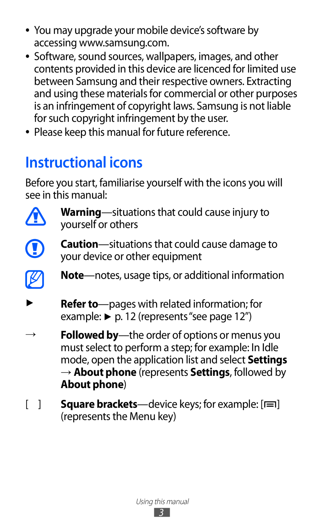 Samsung GT-I8530BAAEUR Instructional icons, Please keep this manual for future reference, Represents the Menu key 