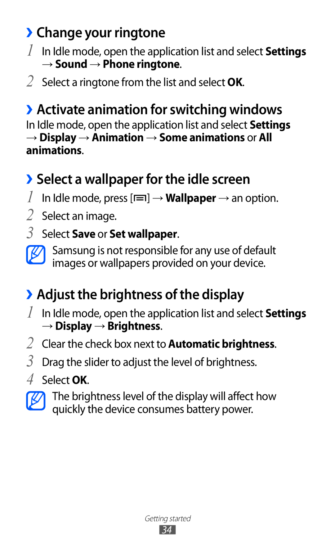 Samsung GT-I8530BAAXEF, GT-I8530BAATUR, GT-I8530RWAVD2 ››Change your ringtone, ››Activate animation for switching windows 