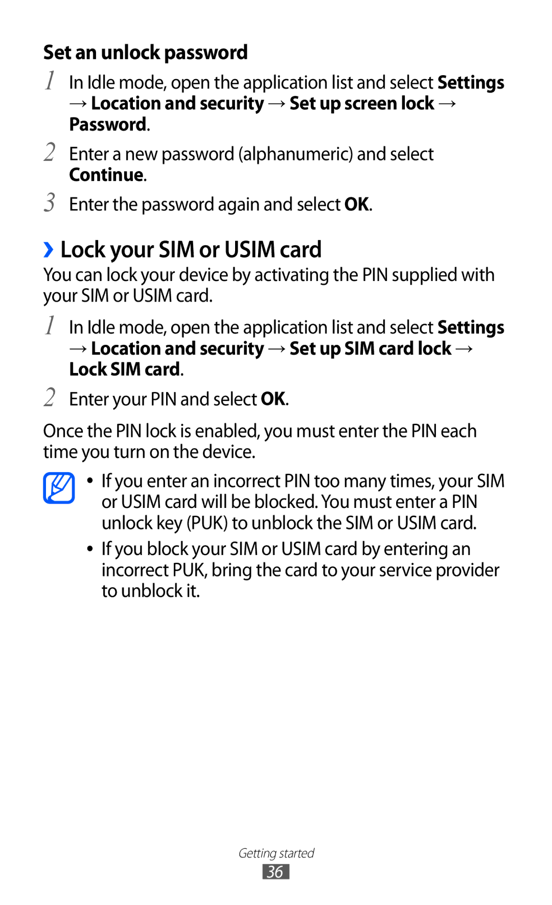 Samsung GT-I8530RWASFR manual ››Lock your SIM or Usim card, → Location and security → Set up screen lock → Password 