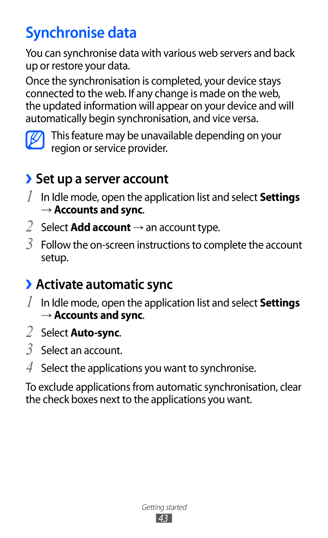 Samsung GT-I8530BAASEB manual Synchronise data, ››Set up a server account, ››Activate automatic sync, → Accounts and sync 