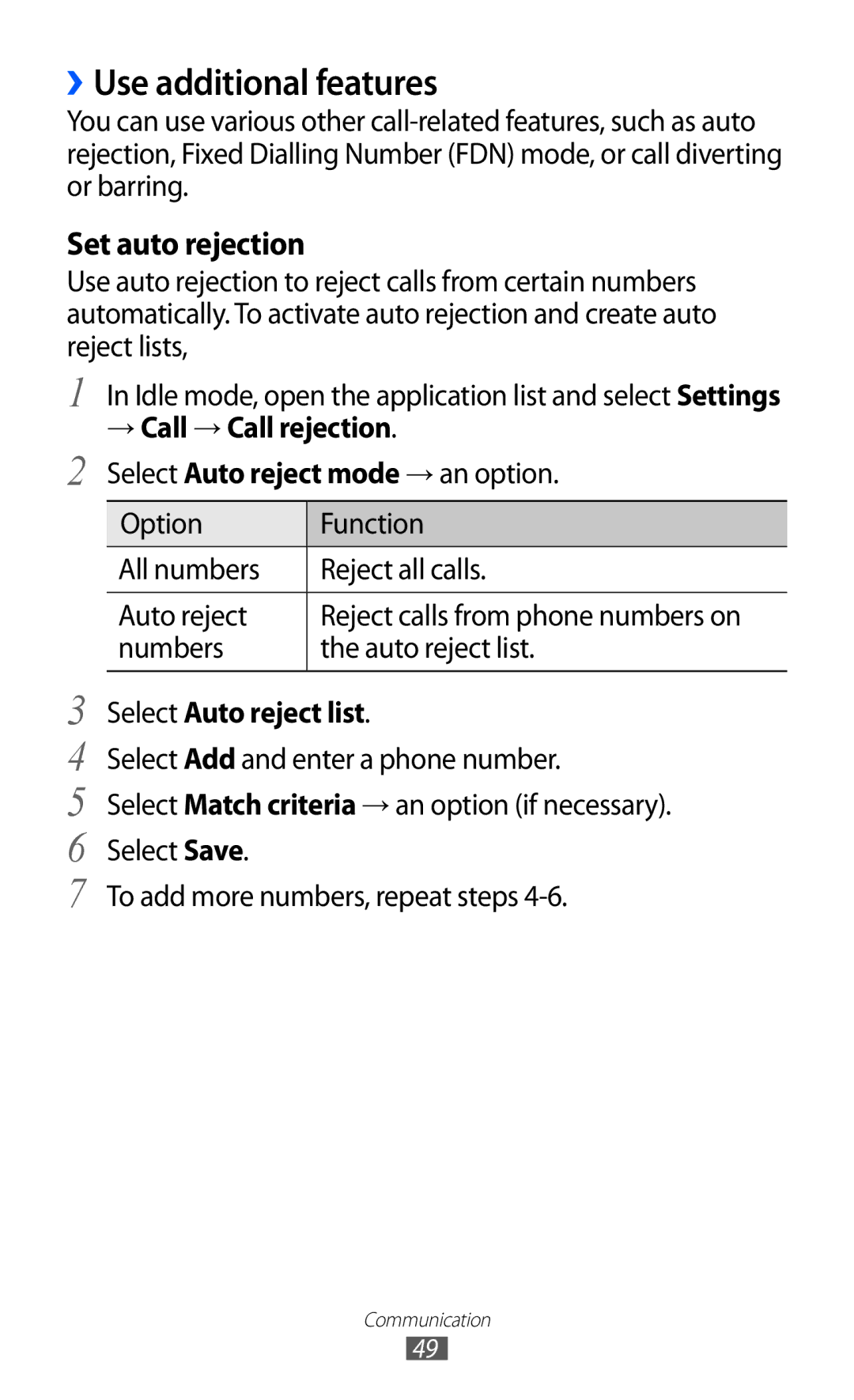 Samsung GT-I8530RWADBT, GT-I8530BAATUR manual ››Use additional features, → Call → Call rejection, Select Auto reject list 