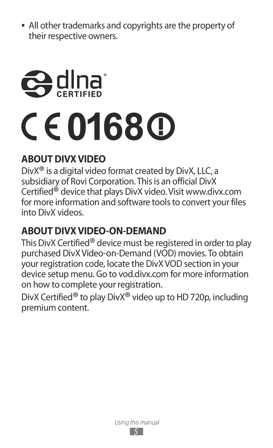 Samsung GT-I8530RWADBT, GT-I8530BAATUR, GT-I8530RWAVD2, GT-I8530RWATUR manual About Divx Video About Divx VIDEO-ON-DEMAND 