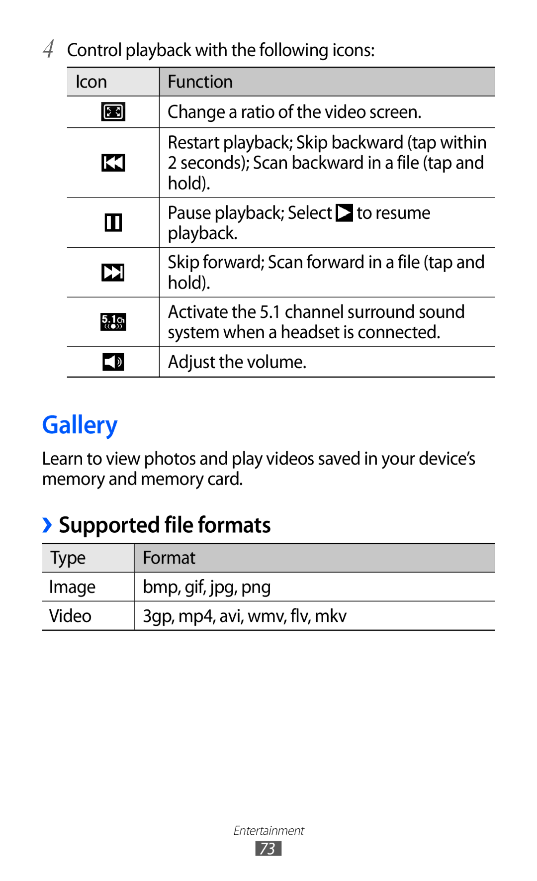 Samsung GT-I8530BAATCL, GT-I8530BAATUR, GT-I8530RWAVD2, GT-I8530RWATUR, GT-I8530BAAEUR manual Gallery, ››Supported file formats 