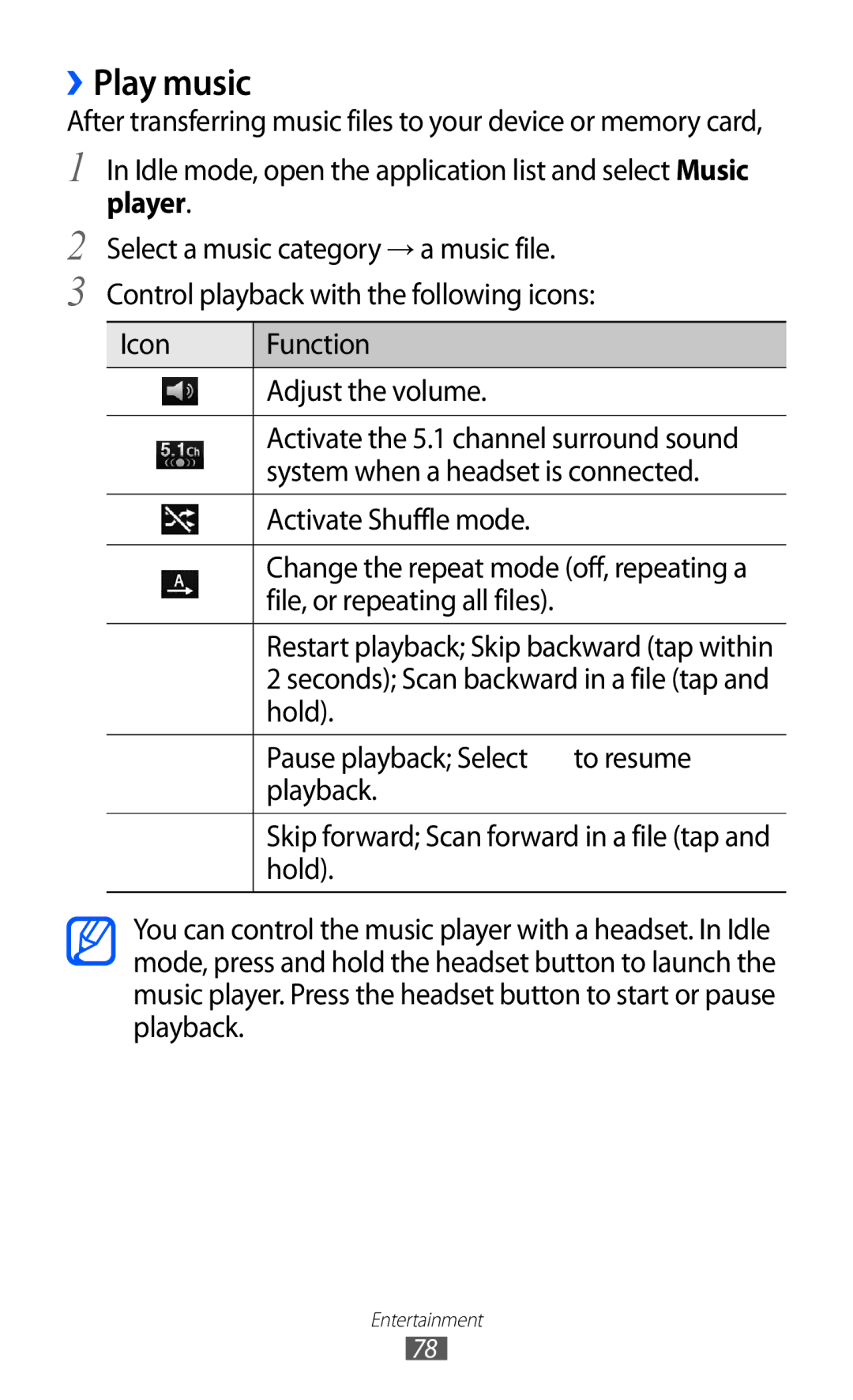 Samsung GT-I8530BAAXEF, GT-I8530BAATUR, GT-I8530RWAVD2 manual ››Play music, Hold Pause playback Select To resume Playback 