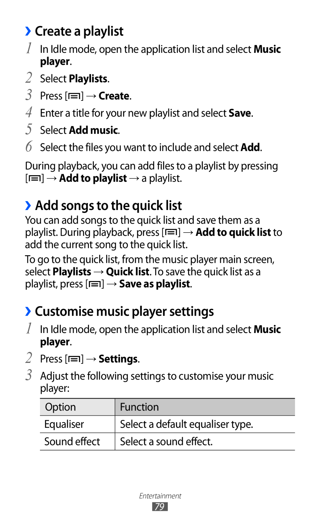 Samsung GT-I8530BAANRJ manual ››Create a playlist, ››Add songs to the quick list, ››Customise music player settings 