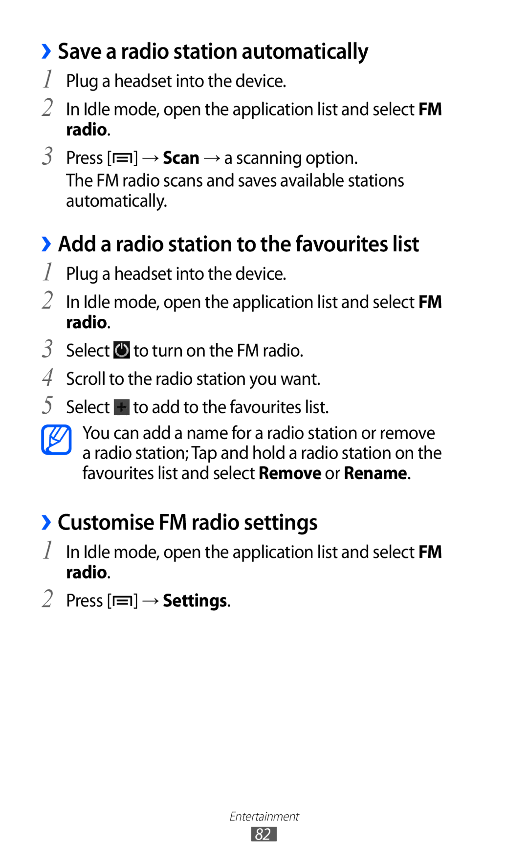 Samsung GT-I8530BAAVVT manual ››Save a radio station automatically, ››Add a radio station to the favourites list, Radio 