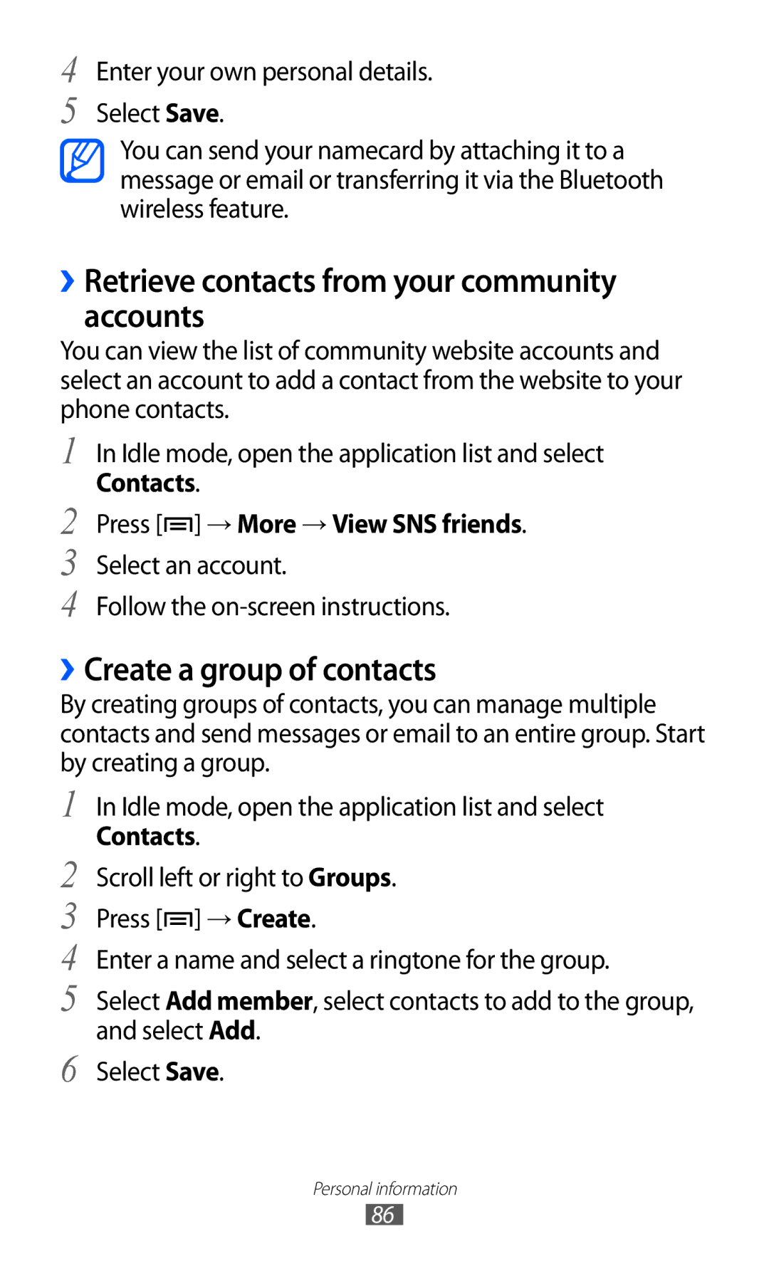Samsung GT-I8530BAAORX, GT-I8530BAATUR manual ››Retrieve contacts from your community accounts, ››Create a group of contacts 
