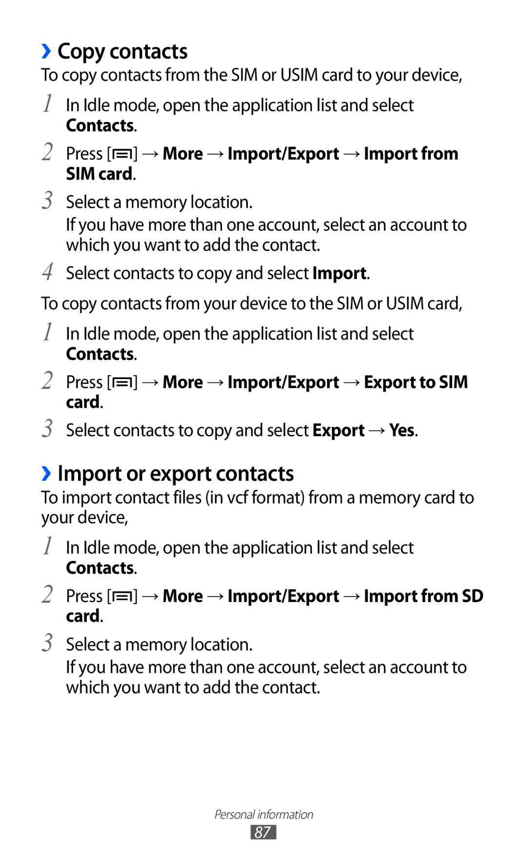 Samsung GT-I8530BAASEB manual ››Copy contacts, ››Import or export contacts, Select contacts to copy and select Export → Yes 