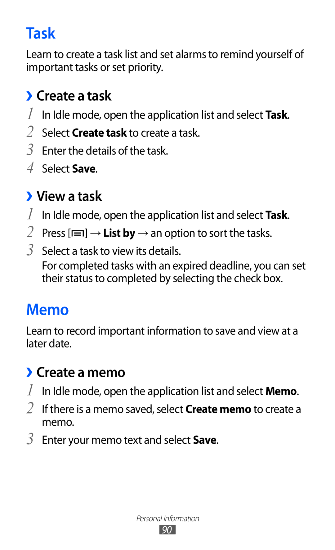 Samsung GT-I8530RWATUR, GT-I8530BAATUR, GT-I8530RWAVD2 manual Task, Memo, ››Create a task, ››View a task, ››Create a memo 