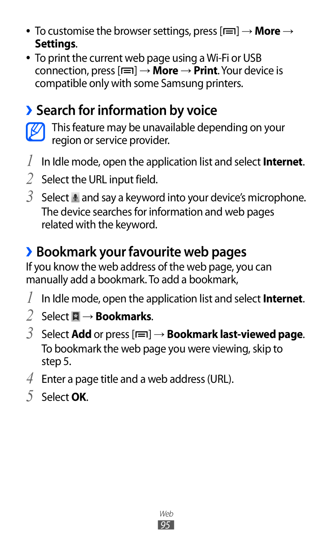 Samsung GT-I8530BAATCL manual ››Search for information by voice, ››Bookmark your favourite web pages, Select → Bookmarks 